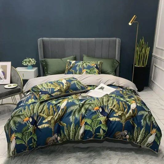 Blue tropical bird and foliage printed duvet cover set with pillowcases from decorbites luxury flamingo leaf bedding set