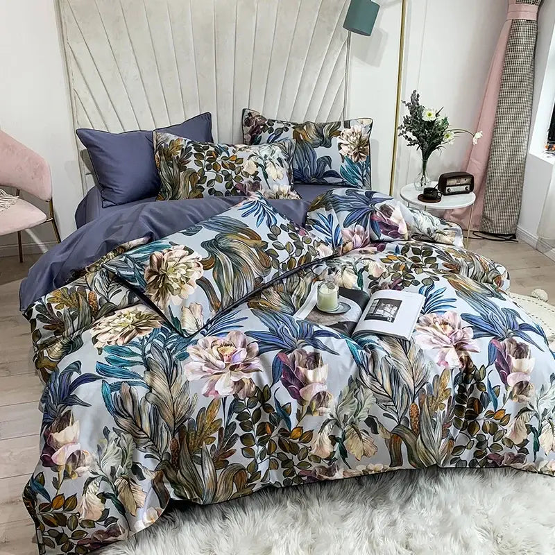 Decorbites luxury flamingo leaf duvet cover with botanical print in pastel pinks blues and greens with pillowcases 48 74cm