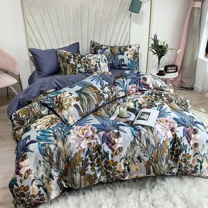 Decorbites luxury flamingo leaf duvet cover with botanical print in pastel pinks blues and greens with pillowcases 48 74cm