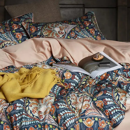 Decorbites luxury flamingo leaf duvet cover with intricate navy blue orange cream paisley pattern on satin fabric pieces pillowcases 48*74cm