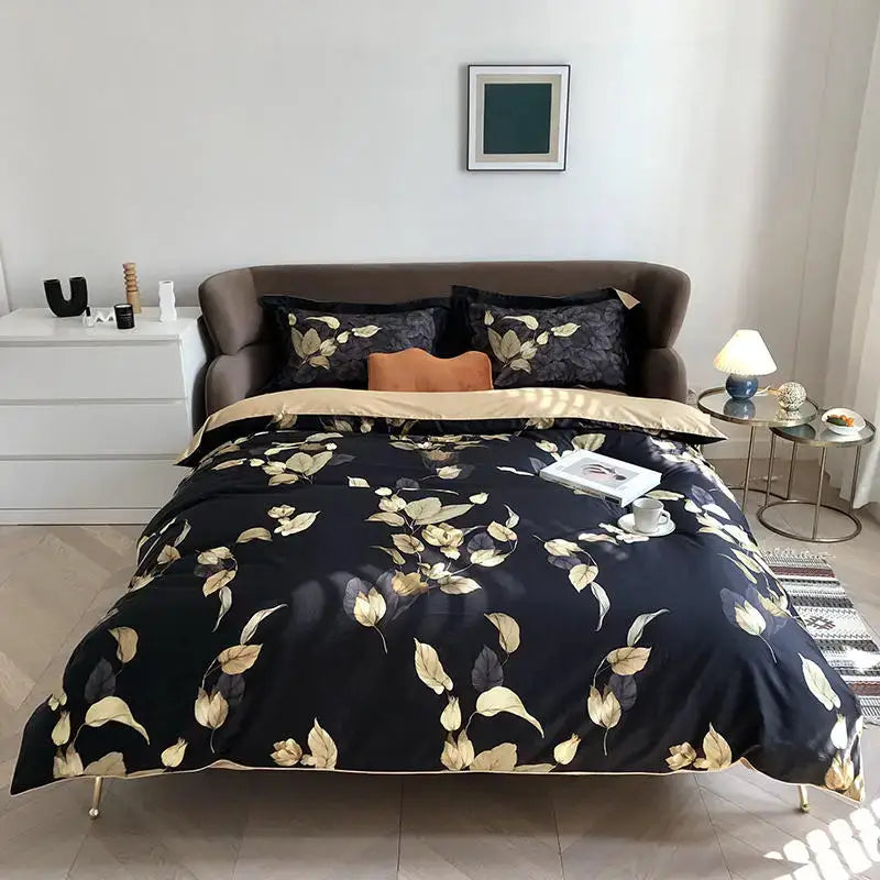 DecorBites™ luxury flamingo leaf black satin duvet cover set with gold leaf pattern and pieces pillowcases 48*74cm
