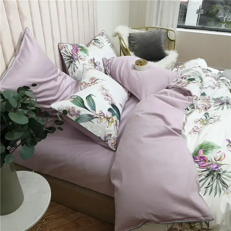 Lavender floral duvet cover and pieces pillowcases 48*74cm in satin-like fabric with botanical prints by decorbites luxury flamingo leaf set