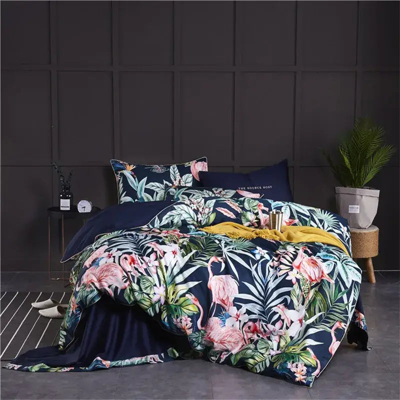 Navy blue DecorBites™ luxury flamingo leaf bedding set queen king size with duvet cover and pieces pillowcases 48*74cm