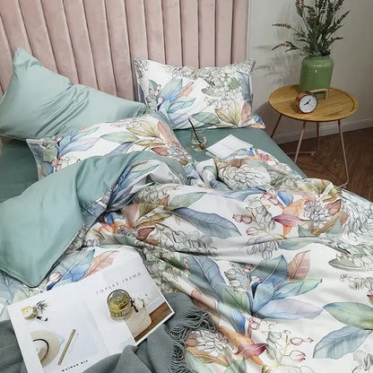 DecorBites™ luxury flamingo leaf duvet cover in soft mint green satin with watercolor botanical print and pieces pillowcases 48*74cm
