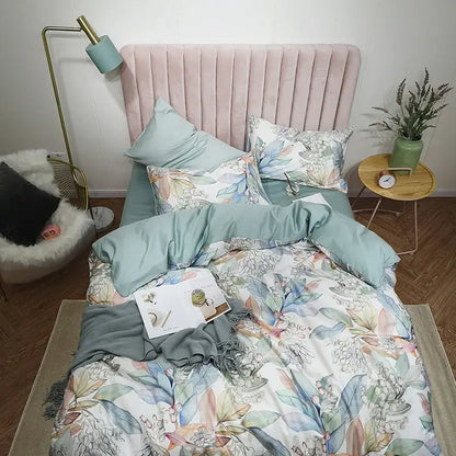 DecorBites luxury flamingo leaf duvet cover set in soft mint green with watercolor floral print includes pillowcases 48 74cm