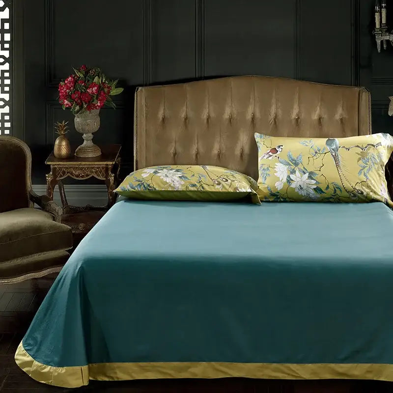 Teal satin duvet cover with gold trim and matching floral-patterned 48*74cm pieces pillowcases from decorbites luxury set