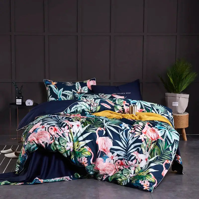 DecorBites™ luxury flamingo leaf duvet cover set with pieces pillowcases 48*74cm on navy background with yellow throw