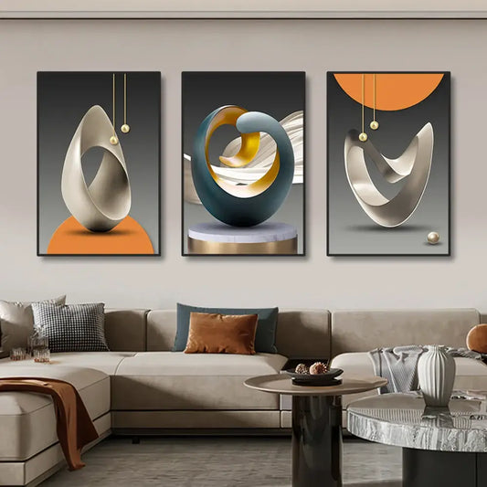 DecorBites luxury geometric canvas prints set with modern metallic silver and gold sculptures on dark wall art backgrounds