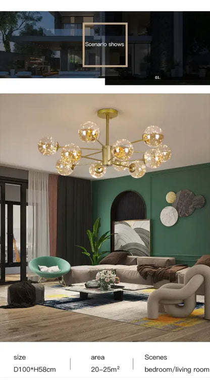 Gold-toned DecorBites luxury glass ball nordic chandelier with multiple globes and dimmable warm light remote control