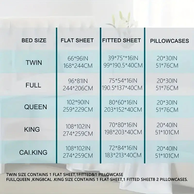 A detailed size chart for the decorbites luxury hotel bed sheets set showing measurements in inches and centimeters for various mattress sizes