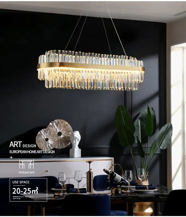 Decorbites luxury led crystal chandelier with gold-toned rectangular frame and cascading clear prisms for home decor