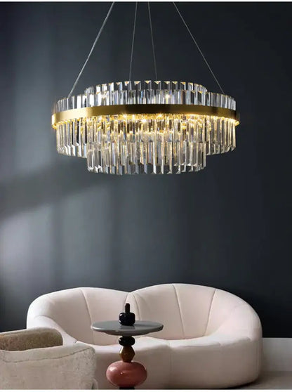 DecorBites luxury led crystal chandelier with a gold-toned frame and cascading clear crystal prisms for home decor
