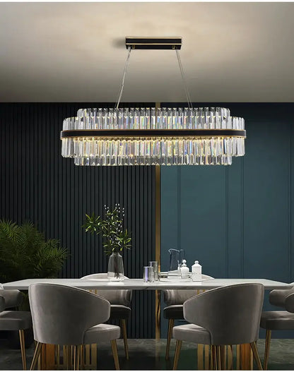 DecorBites luxury led crystal chandelier with two tiers of clear prisms suspended from a sleek black ceiling mount