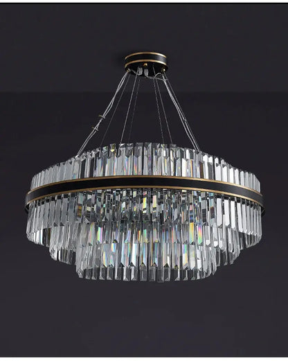 DecorBites™ luxury led crystal chandelier with two tiers of clear faceted glass rods on black and gold frame