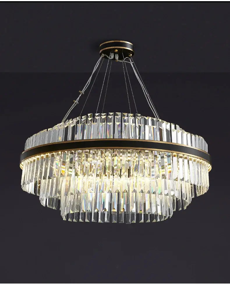 Decorbites luxury led crystal chandelier with two-tier black and gold frame and cascading clear faceted crystals