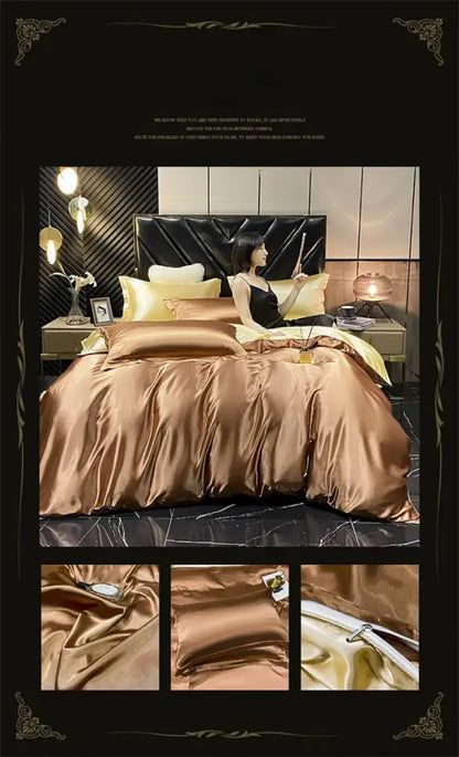 Decorbites™ luxury mulberry silk duvet cover and pcs fitted sheet in bronze satin with gold-toned zipper accents