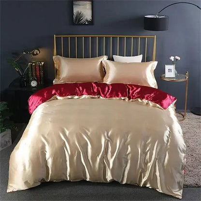 Glossy champagne satin duvet cover set with deep red lining and pillows from DecorBites™ mulberry silk bedding set