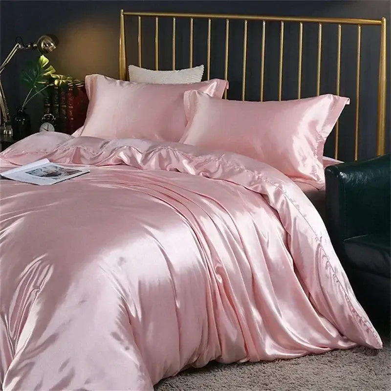 DecorBites luxury mulberry silk pink satin duvet cover set with glossy finish and ruffled edges queen king size pcs fitted sheet