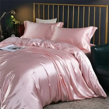 DecorBites luxury mulberry silk pink satin duvet cover set with glossy finish and ruffled edges queen king size pcs fitted sheet