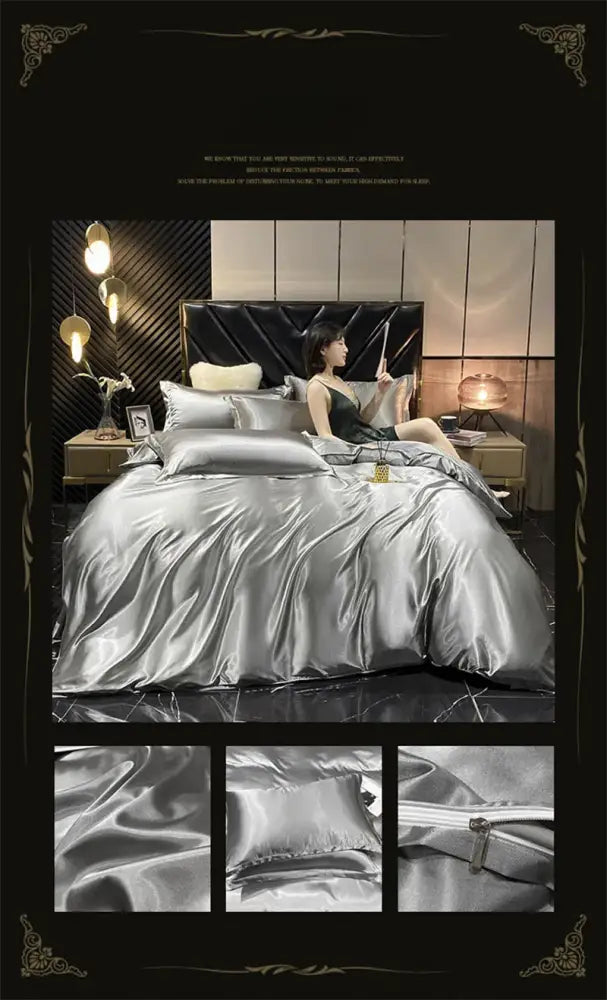 Decorbites luxury mulberry silk bedding set in shiny silver satin with duvet cover pcs fitted sheet and plush headboard