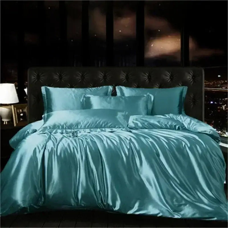 Teal satin decorbites luxury mulberry silk bedding set with duvet cover pcs fitted sheet and tufted black headboard
