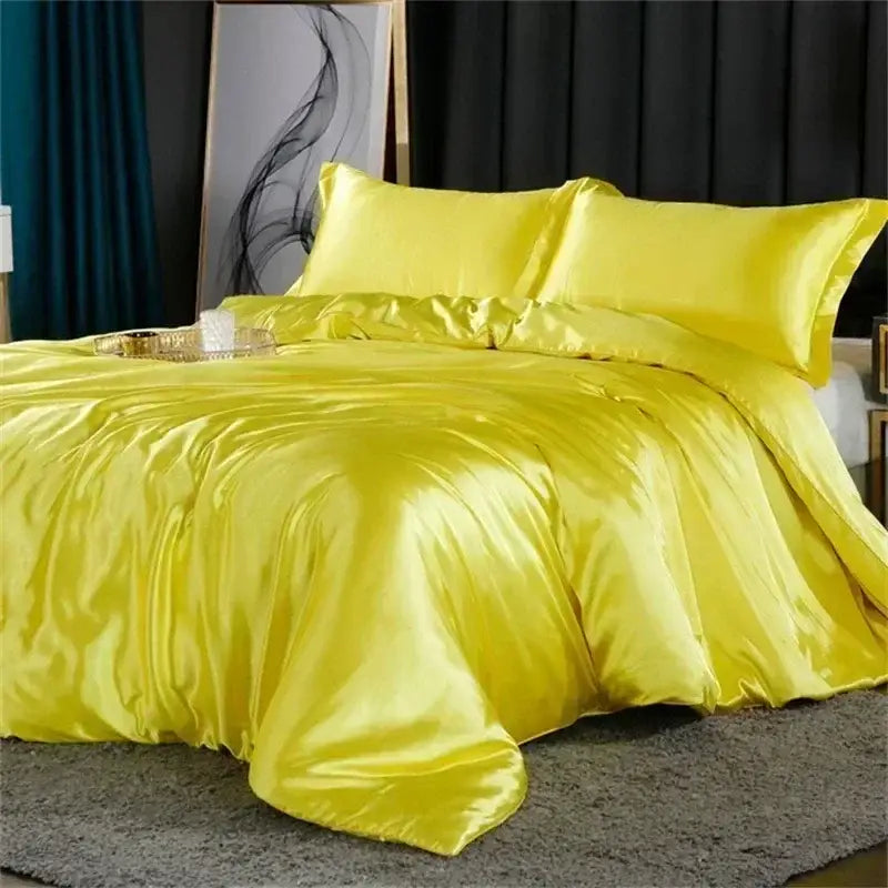 Decorbites™ luxury mulberry silk duvet cover and pcs fitted sheet in vibrant yellow satin with smooth glossy finish and elegant draping