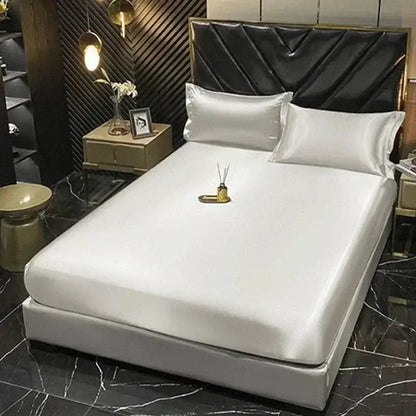 White satin mulberry silk duvet cover and pcs fitted sheet with smooth glossy finish from decorbites luxury bedding set