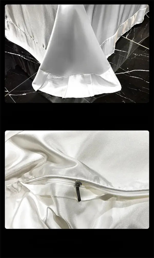 White satin mulberry silk pillowcase with ruffled edge and zipper closure from decorbites luxury bedding set queen king size