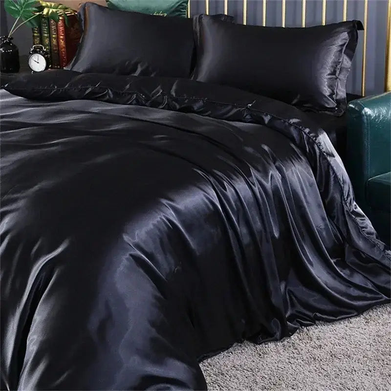 Decorbites™ luxury mulberry silk black satin duvet cover bedding set with pillowcases and elegant ruffled edges
