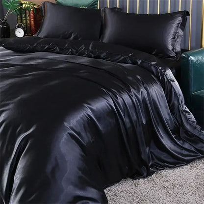 Decorbites™ luxury mulberry silk black satin duvet cover bedding set with pillowcases and elegant ruffled edges