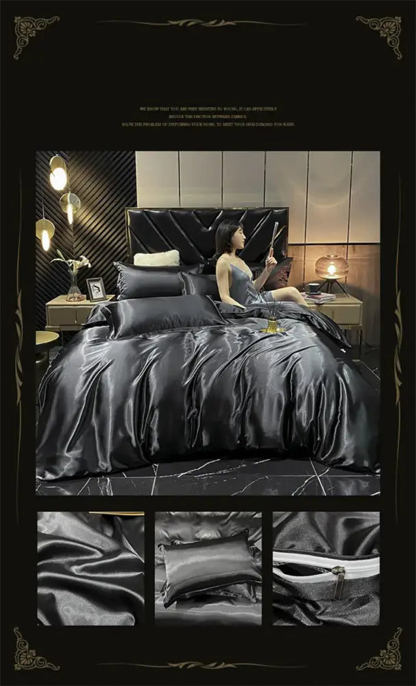 Decorbites luxury mulberry silk bedding set in black satin with glossy duvet cover and smooth elegant sheen