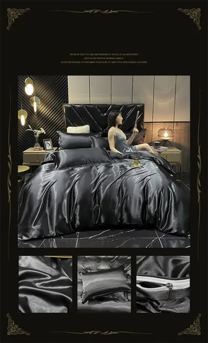Decorbites luxury mulberry silk bedding set in black satin with glossy duvet cover and smooth elegant sheen