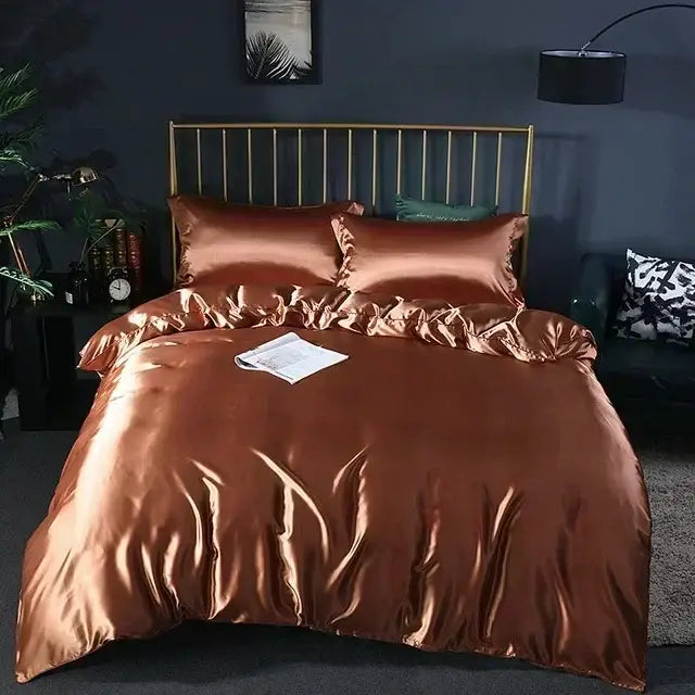 Copper-colored satin duvet cover set with matching pillowcases from decorbites luxury mulberry silk bedding set