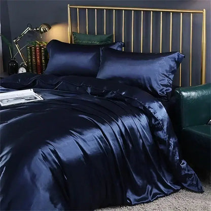 Deep navy satin decorbites luxury mulberry silk bedding set with duvet cover and sheets featuring a glossy finish