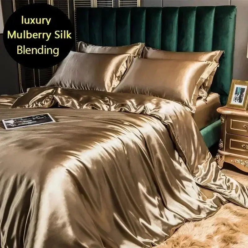 Glossy gold satin duvet cover and bedding set with luxurious mulberry silk blend by DecorBites™