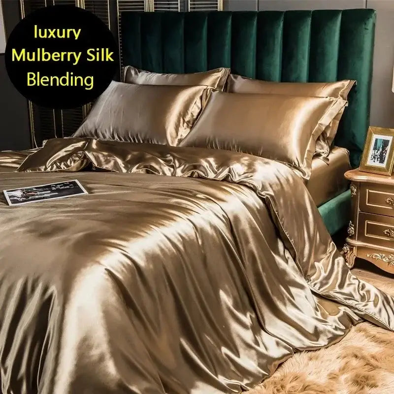 Glossy gold satin duvet cover with a luxurious mulberry silk blending finish from decorbites bedding set