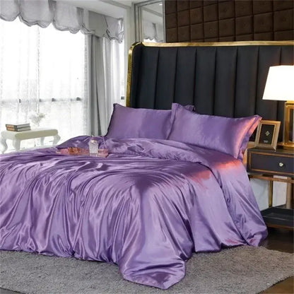 Decorbites™ luxury mulberry silk bedding set in lustrous purple satin with smooth duvet cover and matching pillows