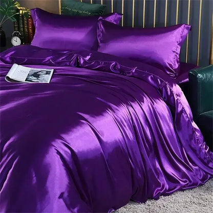 Decorbites luxury mulberry silk bedding set with lustrous purple satin duvet cover and smooth reflective finish