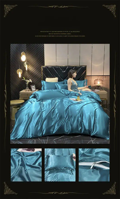 Lustrous teal satin four-piece mulberry silk bedding set with duvet cover and zipper closure by DecorBites™ luxury