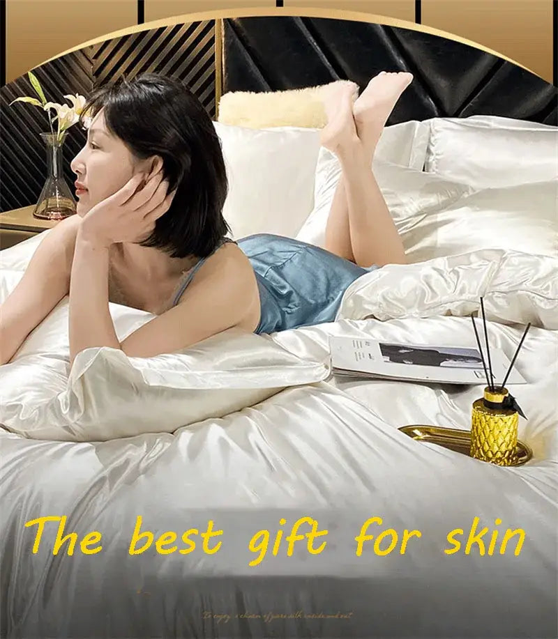 Decorbites™ luxury mulberry silk bedding set featuring a white satin duvet cover with a smooth glossy finish