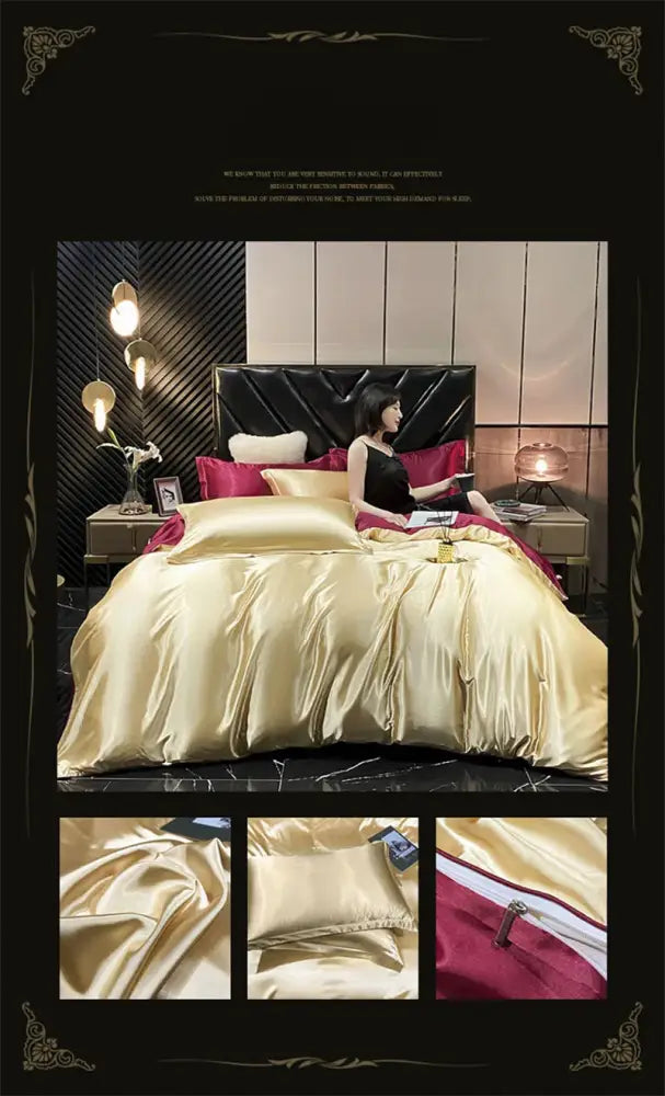 Luxurious gold satin duvet cover bedding set with burgundy accent pillow on black tufted headboard bed from decorbites mulberry silk collection