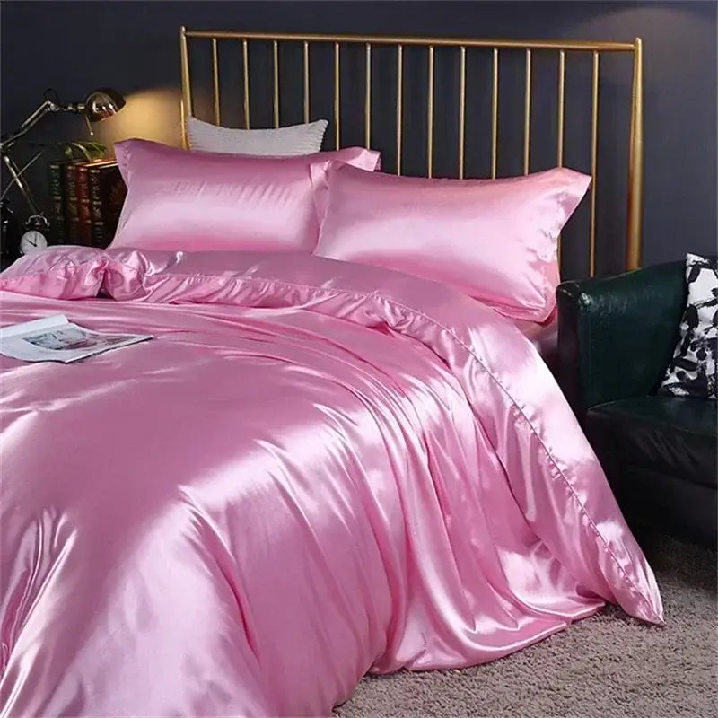 Pink satin duvet cover and pillowcases in the decorbites luxury mulberry silk bedding set with glossy finish