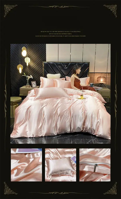 Pink satin mulberry silk bedding set with duvet cover and matching pillows featuring zipper closure by decorbites