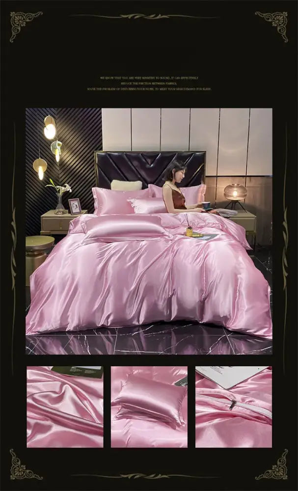 Pink satin duvet cover bedding set with glossy finish and matching pillows from DecorBites™ luxury mulberry silk collection