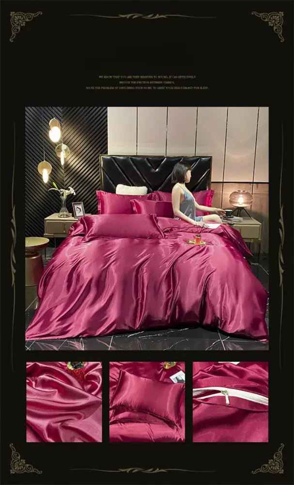 Decorbites™ luxury mulberry silk bedding set in rich burgundy with duvet cover and matching pillows on quilted black headboard