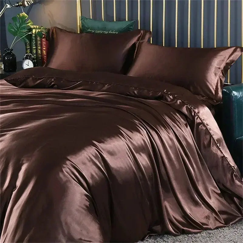 Decorbites™ luxury mulberry silk bedding set in rich chocolate brown with a glossy silk duvet cover finish