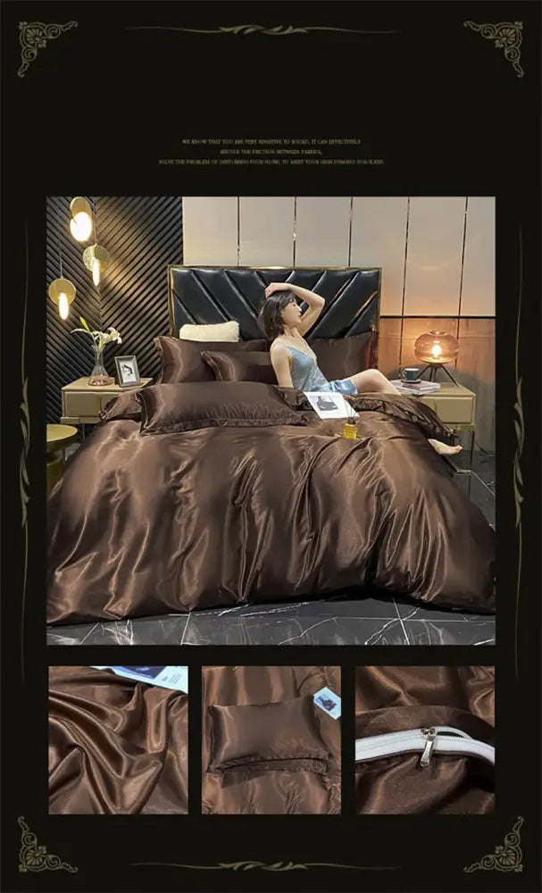 Rich chocolate brown mulberry silk bedding set with duvet cover featuring a glossy luxurious finish by decorbites