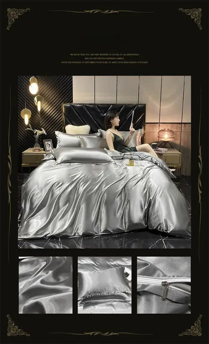 Shiny silver satin DecorBites™ luxury mulberry silk bedding set with duvet cover pillowcases and plush headboard