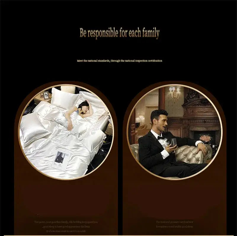 Decorbites luxury mulberry silk duvet cover bedding set in silky white satin with subtle sheen on elegant bed
