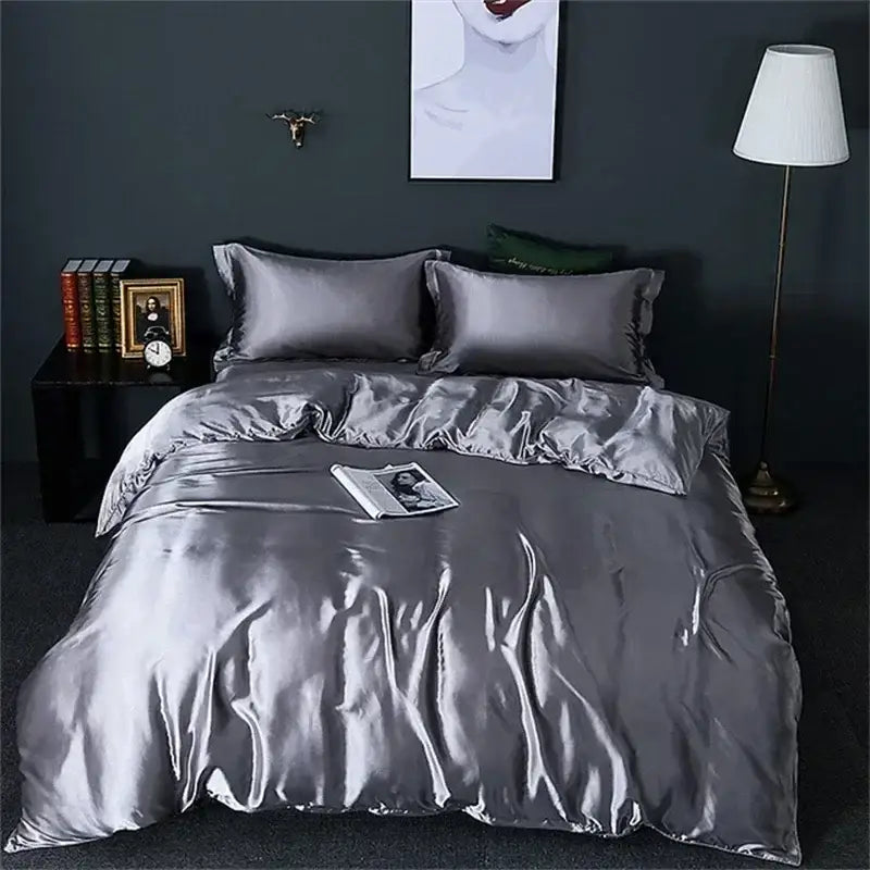 DecorBites™ luxury mulberry silk bedding set in silver satin with matching pillows and smooth duvet cover texture